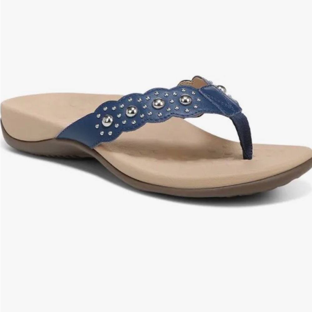 Vionic Blue Tan Sandals with Floral Cutout Design